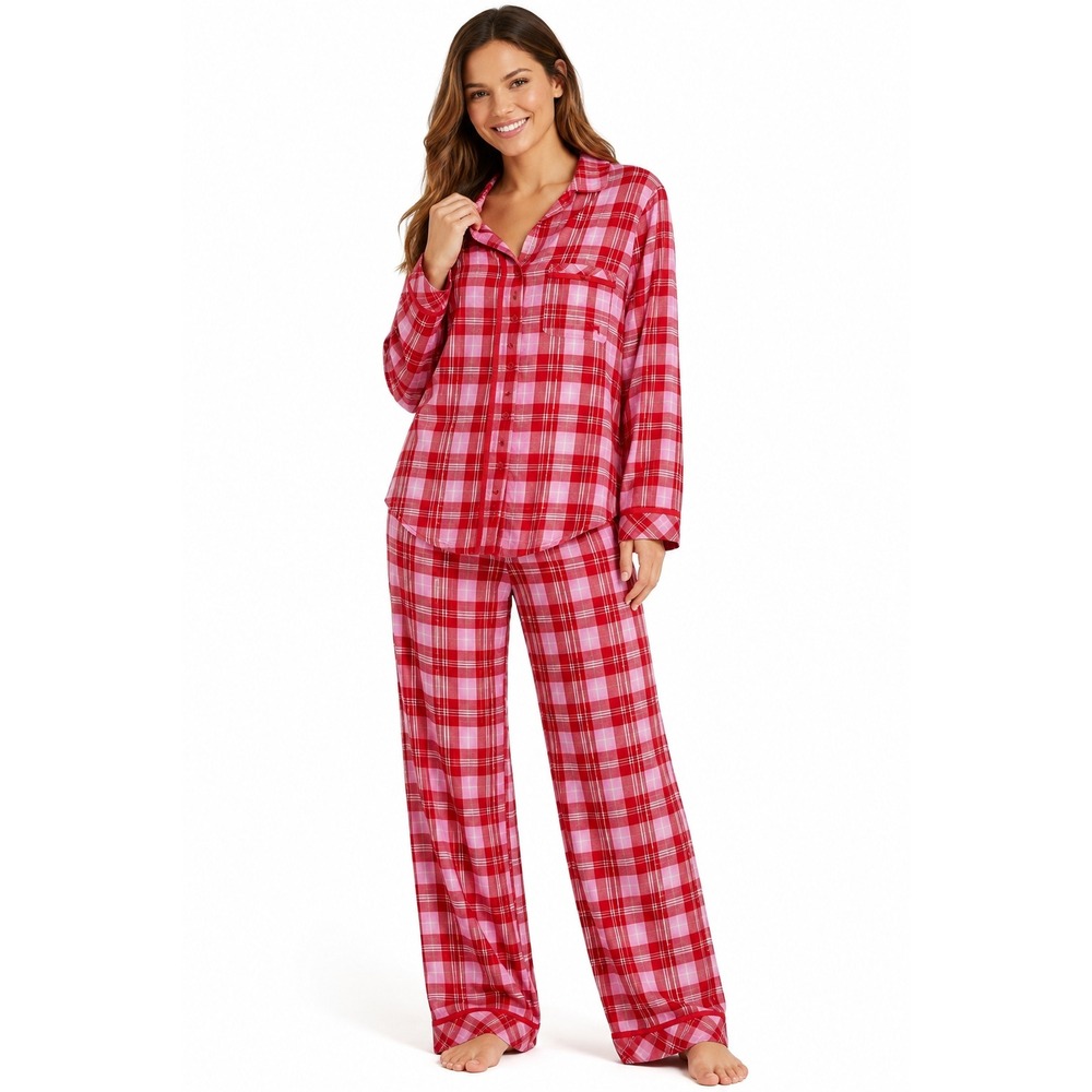 Victoria's Secret PINK Red Pink Plaid Flannel Pajama Set Women M Metallic